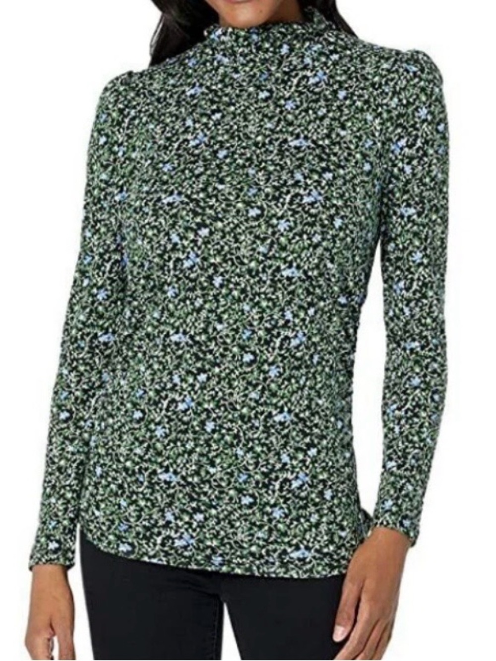 Michael Kors Green Floral Mock-Neck Long Sleeve Top